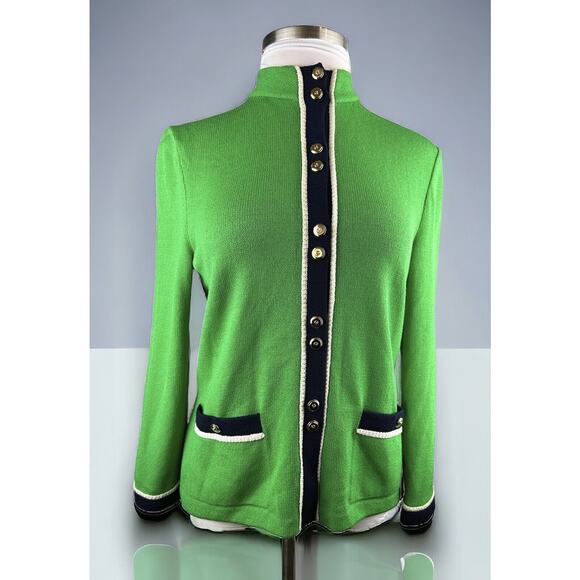 *Flawed St. John Collection Santana Knit Green Cardigan Sweater Gold Blk Size 10 - Picture 15 of 15